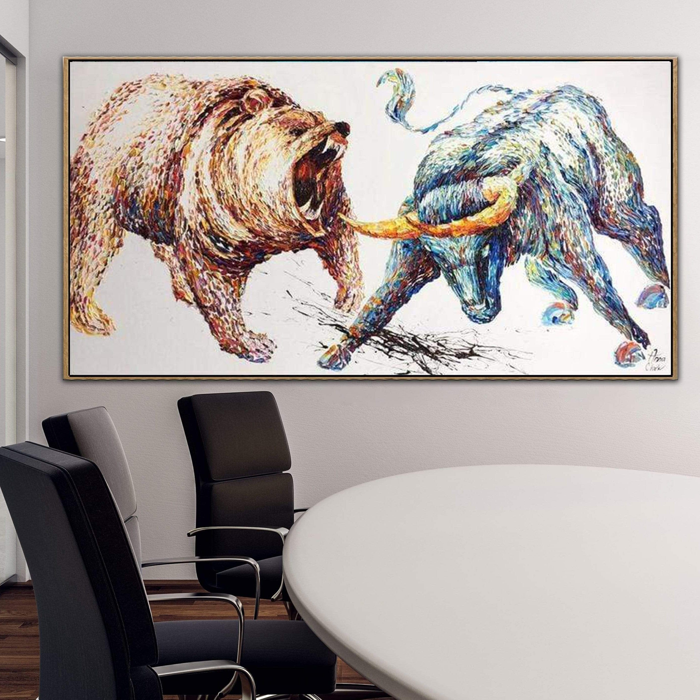 Pintura abstracta de toro y oso, regalo del mercado de valores, decora