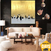 Pintura al óleo humana abstracta grande, arte de hoja de oro moderno, arte de pared gris, decoración de pared moderna | SKY OF GOLD