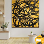 Lienzo Extra grande, arte abstracto, círculo negro, pinturas amarillas sobre lienzo, pintura contemporánea, decoración atística de pared pintada a mano | EXPLICITNESS