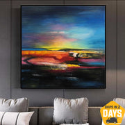Pintura abstracta colorida de la puesta del sol en azul profundo, amarillo y rojo | COLORFUL SUNSET