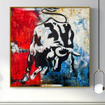 Pintura de toro impresionista multicolor sobre lienzo: pintura de búfalo original abstracta en arte de pared de animales rojo, azul y amarillo | EYES OF BEAUTY