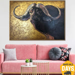 Pinturas extragrandes de búfalo africano sobre lienzo Arte de animales salvajes Arte moderno de pared de búfalo Pintura dorada | AFRICAN BUFFALO 19.6"x27.5"