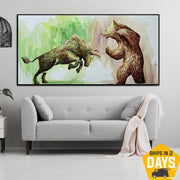 Pintura abstracta de oso vs toro sobre lienzo Animales coloridos Obra de arte original de Impasto para decoración de oficina | RAISED RISKS 36"x72"