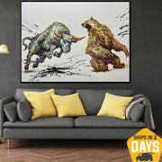 Pintura al óleo de toro y oso original Batalla de animales abstracta Arte de pared de empaste creativo para sala de estar | CONSTANT BATTLE 30"x40"