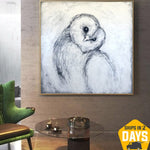Arte monocromático de lechuza común grande Pintura de lechuza blanca sobre lienzo Pájaro blanco y negro creativo Decoración de arte de pared abstracta hecha a mano para habitación | BARN OWL 39.3"x39.3"