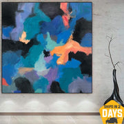 Pintura azul abstracta Original, arte de pared moderno, lienzo, pintura al óleo grande, ilustraciones acrílicas coloridas para decoración para sala de estar | BLUE JAZZ 40"x40"