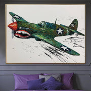 Pinturas abstractas de aviones sobre lienzo, decoración de habitación de guardería, pintura de aviación al óleo Impasto para habitación de niños, arte de pared Curtiss P-40 Warhawk | CARTOON PLANE