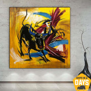 Arte de pared abstracto Corrida de toros Pintura Corrida Arte de pared Pinturas amarillas sobre lienzo Arte de pared moderno Sala de estar Arte enmarcado | SPANISH MOTIVES 72"x72"