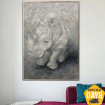 Enorme rinoceronte pintura animal pared gris arte grande pintura acrílica original sobre lienzo pared lienzo arte original pared arte enmarcado | WISE RHINOCEROS 40"x30"