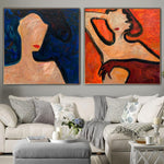 Conjunto original de 2 pinturas figurativas sobre lienzo en colores rojo y azul Arte abstracto minimalista Arte de pared de mujer | WOMEN'S EVENING