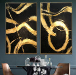 Gran conjunto abstracto de 2 pinturas Obra de arte de oro negro Pintura estética Nuevo apartamento Regalo Díptico Pintura Arte minimalista | GOLD LEAF PATTERNS