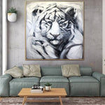 Pintura monocromática original de tigre blanco abstracto grande sobre lienzo Arte moderno de textura animal Arte de pared blanco y negro para el hogar | WHITE TIGER