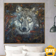 Pinturas abstractas de lobo sobre lienzo Pintura realista original Lobo Arte de la pared Arte animal Animal salvaje Decoración de la sala de estar | PACK LEADER 27.55"x27.55"