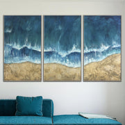 Gran conjunto de océano abstracto de 3 pinturas sobre lienzo Pintura al óleo azul original Pinturas de tríptico de ilustraciones hechas a mano | SUNNY BEACH