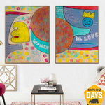 Conjunto de dos pinturas sobre lienzo mujer enamorada arte de pared hecho a mano con textura colorida pintura regalo niño guardería habitación decoración | WOMAN IN LOVE 31.49"x47.24"