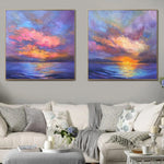conjunto de dos pinturas originales ilustraciones azules pintura púrpura lienzo rosa grande arte océano arte moderno paisaje pintura lienzo pintura | PURPLE HORIZON