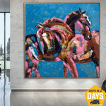 Pinturas de caballos Arte de pared de animales Pintura de amor Regalo de arte de lienzo romántico para pareja Regalo de amante de caballos Arte expresionista Decoración de habitación de invitados | ROMANTIC DATE 60"x60"
