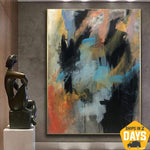 Pintura abstracta colorida sobre lienzo: pintura al óleo moderna en negro. Colores azul y rojo como pintura texturizada para la decoración de la pared del hogar | DARK SILHOUETTE 54"x40"