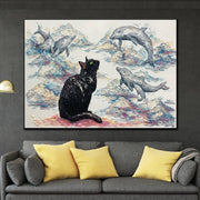 Pintura de gato de arte abstracto extra grande sobre lienzo Pintura de delfín abstracto Arte de pared de empaste moderno original | CAT'S DREAM