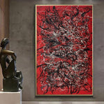 Pinturas de estilo Jackson Pollock sobre lienzo rojo, pintura al óleo de Bellas Artes abstractas originales, arte de pared moderno | SCARLET DREAMS