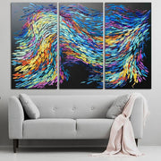 Tríptico abstracto grande, arte de pared, pinturas coloridas enmarcadas sobre lienzo, juego de pintura al óleo Impasto de 3 lienzos negros, arte de pared, tonos fríos Fine Art | VIBES