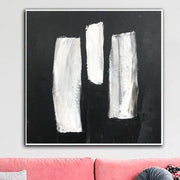 Pintura abstracta en blanco y negro sobre lienzo Arte de pared minimalista Arte negro Pintura personalizada 32x32 Arte para decoración de habitación independiente | LINES ON ROAD