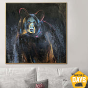 Pinturas de osos abstractos originales sobre lienzo Pintura de animales salvajes Pintura de arte contemporáneo texturizada para decoración de chimeneas | THE GIANT BEAR 27.55"x27.55"