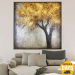 Pinturas de árboles abstractos originales extragrandes sobre lienzo Naturaleza dorada Bellas artes Pintura texturizada rica moderna | GOLDEN TREE 15.7"x15.7"