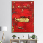 Pintura roja abstracta sobre lienzo Arte de pared minimalista Arte de hoja de oro Arte de pared rojo real Pintura al óleo original | BLOOD RED SUN