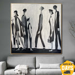Pinturas figurativas abstractas sobre lienzo Pintura original de humanos Pintura minimalista en blanco y negro Decoración de pared | QUEUE 46"x46"