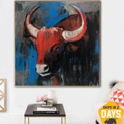 Pinturas abstractas de cabeza de vaca sobre lienzo Arte expresionista colorido en colores azul, rojo y rojo Ilustraciones de toro texturizado | RED COW 40"x40"