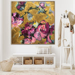 Pinturas de flores grandes sobre lienzo Arte floral abstracto colorido en colores rosa y dorado Pintura hecha a mano con textura Arte moderno | FLOWER COLLAGE