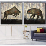 Juego Original de 2 pinturas, pintura de toro y oso sobre lienzo, pintura abstracta de toro y oso, decoración artística minimalista | BULL vs BEAR
