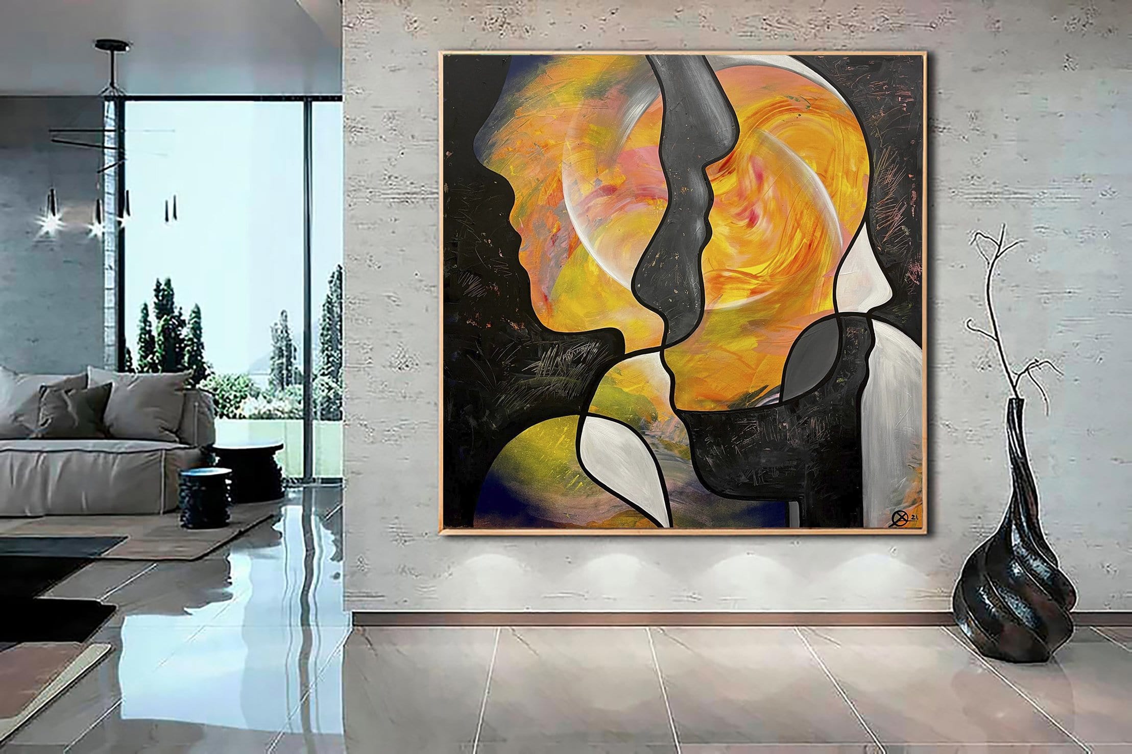 Pintura acrílica grande sobre lienzo, pintura abstracta moderna