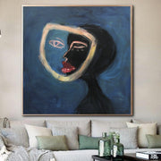 Pintura de cara abstracta grande, arte Original, pintura de cara femenina sobre lienzo, arte de pared de cara de mujer, lienzo azul oscuro, decoración artística | SPLIT