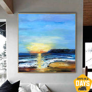 Pinturas abstractas de paisajes marinos sobre lienzo Pintura al óleo moderna con textura fina de mar azul acrílico original | SEASCAPE BREEZE 32"x32"