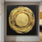 Pintura al óleo Original grande, pintura circular, lienzo negro, marco de pintura dorada abstracta, pintura de Bellas Artes, arte de pared moderno | GOLDEN PORTAL