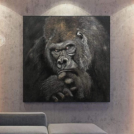 Lienzo de pintura de animales grandes, arte de pared de gorila abstracto, arte de textura pesada, obra de arte monocromática, pintura de retrato de Animal realista | PIERCING GAZE