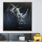 Pintura de rinoceronte grande sobre lienzo Arte de pared de animales salvajes Arte texturizado de rinoceronte Arte monocromático Arte de lienzo de animales salvajes | RHINO ARCHIE 32"x32"
