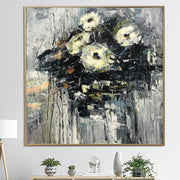 Pinturas de flores abstractas grandes sobre lienzo Pintura gris Arte texturizado original Pintura floral Arte de pared moderno | MACROTYPE