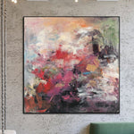 Pintura abstracta grande en colores rosa, rojo y beige, pintura colorida sobre lienzo como arte de pared hecho a mano para decoración para sala de estar | FLOWER FIELD
