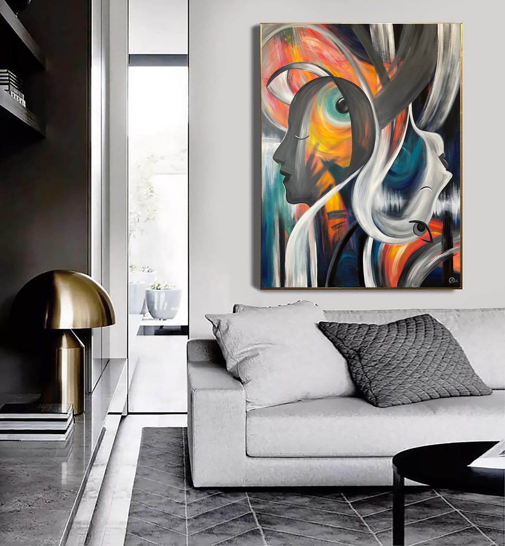 Pintura abstracta para decoración de pared, sala de estar, azul, horizontal  y moderno, decoración del hogar, arte de pared grande, pintura al óleo