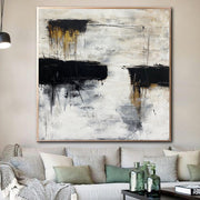 Pinturas al óleo abstractas en blanco y negro extragrandes sobre lienzo Arte fino original Arte de pared contemporáneo Decoración de pared dorada | BLACK GOLD ON WHITE
