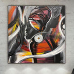 Pintura de cara de mujer africana abstracta grande en colores negro y rojo Arte figurativo abstracto Obra de arte original hecha a mano | FEMALE ESSENCE