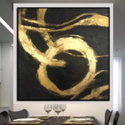 Pintura negra Pintura original Pinturas de pan de oro sobre lienzo Obras de arte abstractas para decoración de hotel | GOLDEN THREADS