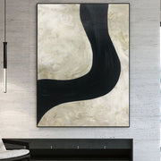 Gran pintura abstracta en blanco y negro sobre lienzo, arte de pared beige, arte minimalista, arte de pared de línea negra sobre lienzo, arte al óleo texturizado | WINDING ROAD