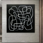 Pinturas abstractas en blanco y negro sobre lienzo Arte minimalista Pintura de líneas monocromáticas Arte geométrico texturizado Pintura abstracta de laberinto| BLACK MAZE