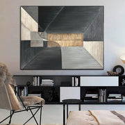 Grandes pinturas geométricas abstractas sobre lienzo en colores negro, gris y beige Formas geométricas modernas Arte Decoración original del hotel | GEOMETRIC MYSTERY