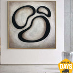 Pintura de círculos abstractos grandes sobre lienzo Arte de pared en blanco y negro Pintura geométrica moderna de arte beige para decoración de habitación independiente | BUBBLES 60"x60"