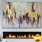 pinturas abstractas sobre lienzo hoja de oro arte púrpura pintura textura moderna pintura al óleo beige ilustraciones pared decoración | GOLD LILAC 35.82"x53.93"